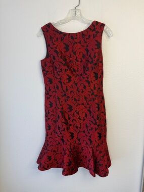 Ann Taylor Red and Black Floral Jacquard Midi Dress with Flounce Hem